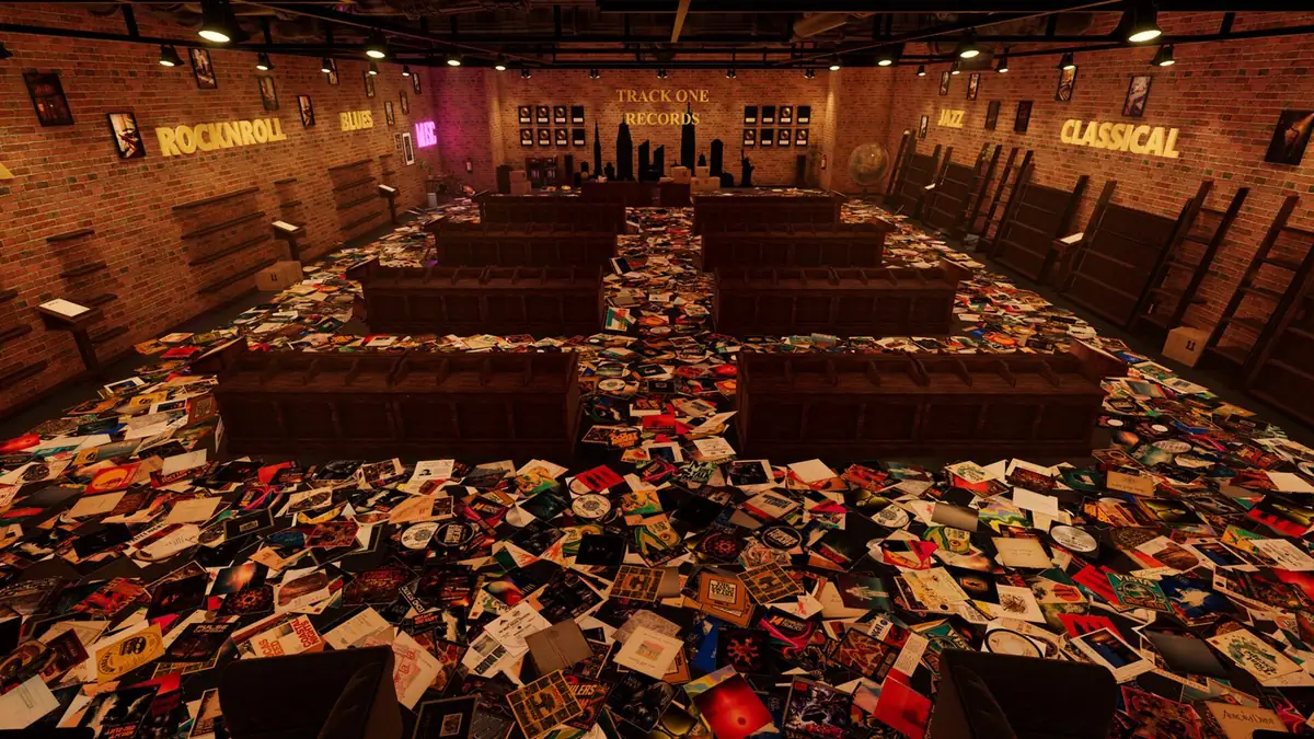 A corner of the record shop in Groovekeeper, lined with shelves